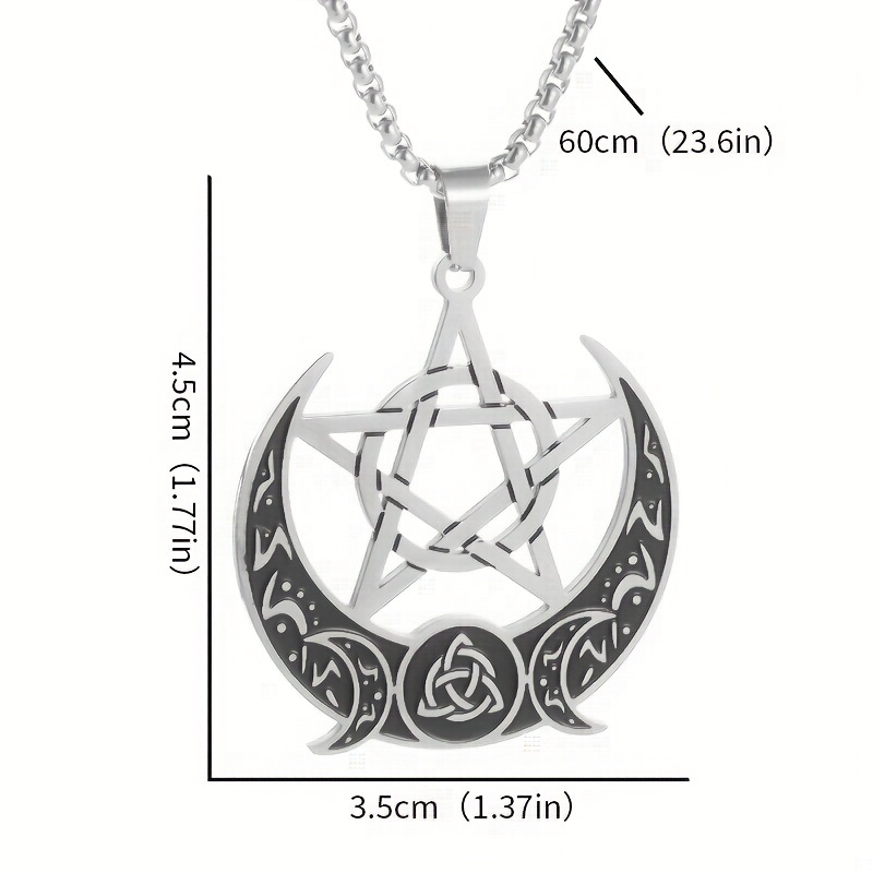 Vintage Mystery Stainless Steel Celtic Pentagram Moon Pendant Necklace